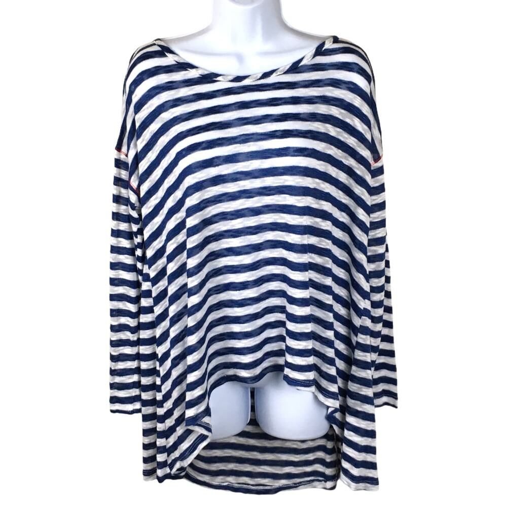 Vintage Havana Tunic Top Hi Low Stripe Long Sleeve Casual Women's Shirt‎ Navy
